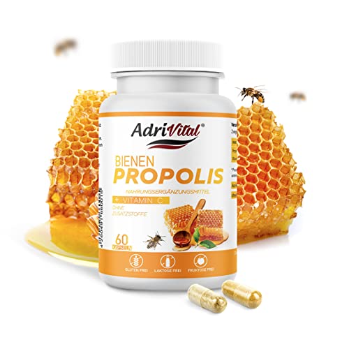 AdriVital Propolis Kapseln hochdosiert aus natürlichem Propolis Extrakt und Vitamin C - 60 Kapseln für 30 Tage - vegetarische Kapseln - natürliches Bienenharz - deutsche Qualität